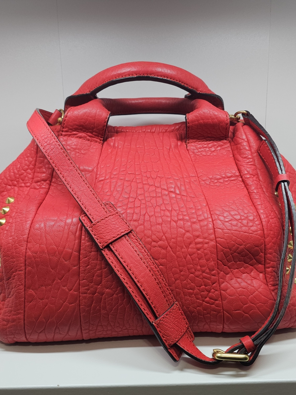 MCM Red Textured Leather Satchel with Gold Hardware